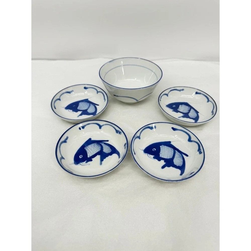 Chinese Koi Fish Carp Ceramic Rice Dipping Bowl SET of 5 Piece Asian Serverware